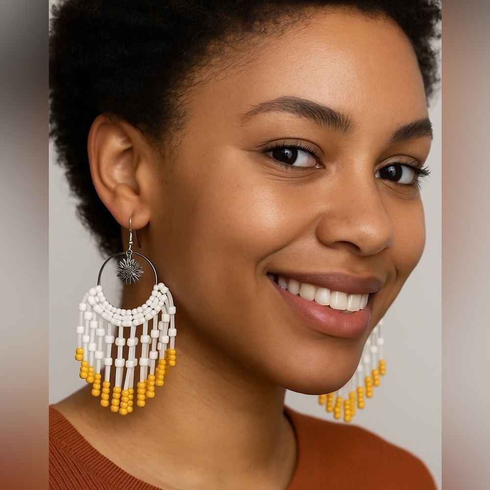 Chic Beaded Hoop Earrings in White and Yellow